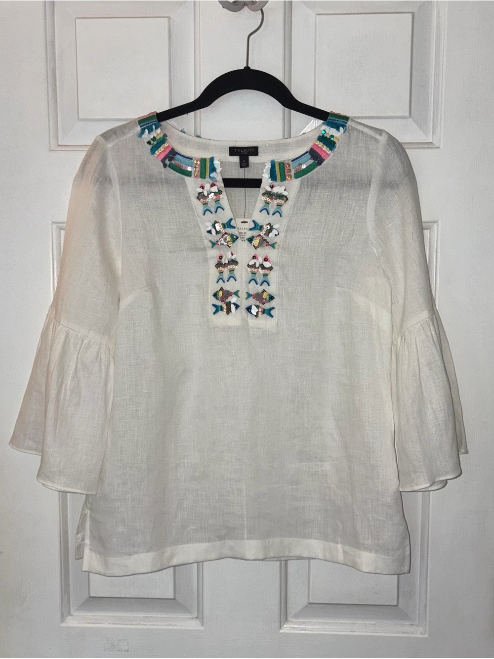 NWT White Sheer Linen Talbots Fish Embellished Tunic Top